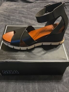 MIA Black and Brown Ankle-Strap Wedge Sandal
